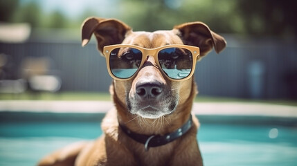 Fototapeta na wymiar Groovy dog sitting by the pool wearing sunglasses in the summertime