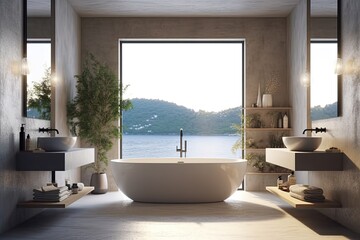 Obraz na płótnie Canvas Interior of modern bathroom with white walls, concrete floor, comfortable white bathtub standing near the window