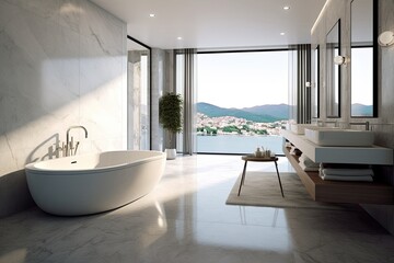 Interior of modern bathroom with white walls, concrete floor, comfortable white bathtub standing near the window