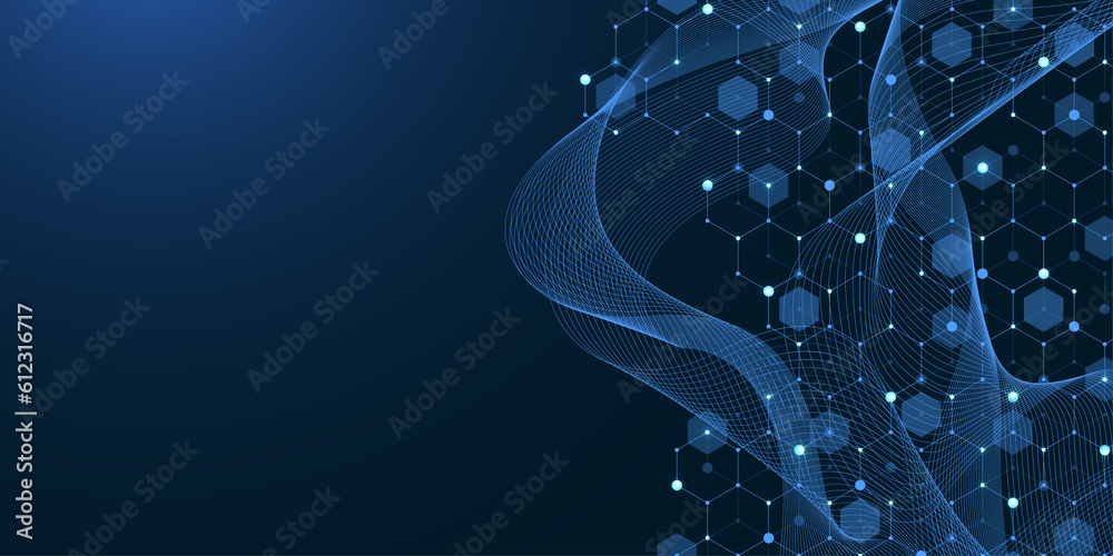 Poster Modern scientific abstract background with hexagon shapes, lines and dots. Innovation concept design with hexagons and wave flow. Molecular structure idea. Geometric pattern, illustration