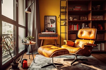 Modern interior of living room with leather armchair and bookcase