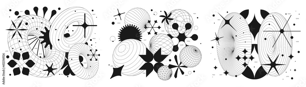 Poster set futuristic retro png minimalistic illustration with 3d strange wireframes form graphic of geomet