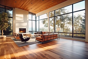 Luxurious living room with large windows overlooking nature. no one inside