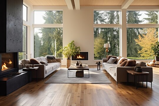 Luxurious living room with large windows overlooking nature. no one inside