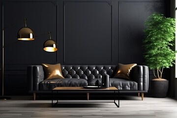 Dark living room interior with black sofa, coffee table and gold lamp