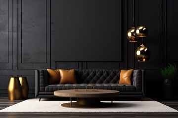 Dark living room interior with black sofa, coffee table and gold lamp