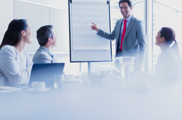 Obraz premium Smiling businessman leading meeting at flip chart in conference room