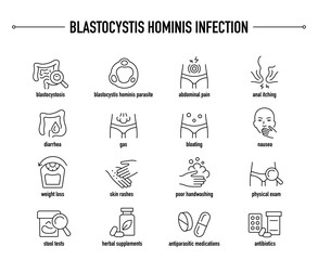 Blastocystis Hominis Infection symptoms, diagnostic and treatment vector icon set. Line editable medical icons.