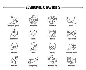Eosinophilic Gastritis symptoms, diagnostic and treatment vector icon set. Line editable medical icons.