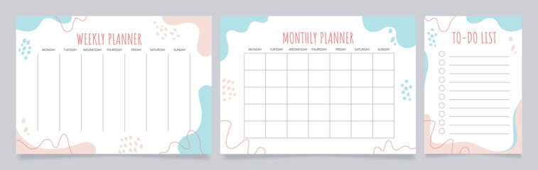 Planners and to-do list worksheet design template set. Blank printable goal setting sheets. Time management. Scheduling pages for organizing personal tasks. Amatic SC Bold, Oxygen Regular fonts used
