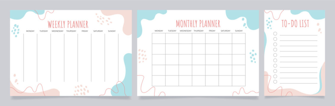 Planners and to-do list worksheet design template set. Blank printable goal setting sheets. Time management. Scheduling pages for organizing personal tasks. Amatic SC Bold, Oxygen Regular fonts used