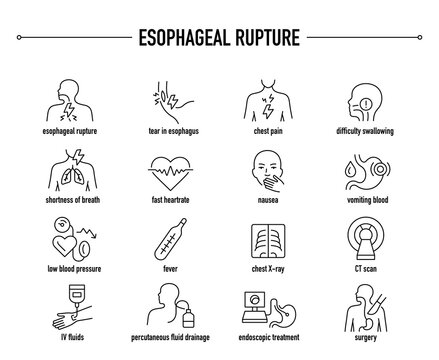 Esophageal Rupture symptoms, diagnostic and treatment vector icon set. Line editable medical icons.