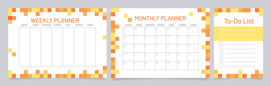 Organizing time worksheet design template set. Blank printable goal setting sheets. Time management samples. Scheduling pages for organizing personal tasks. Barlow Medium, Oxygen Regular fonts used