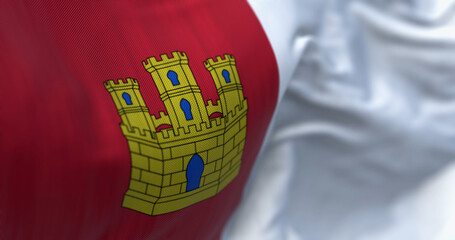 Close-up of Castilla La Mancha flag waving - obrazy, fototapety, plakaty