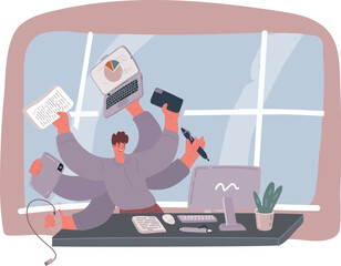 Vector illustration of concept of business man. Man in office. Successful and busy multitasking businessman. Workaholic