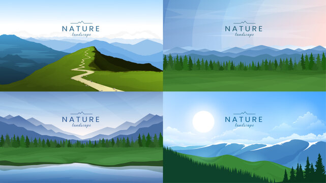 A set of mountain landscapes. Mountain peaks, green valleys and coniferous forest. Adventure tourism, hiking in the mountains, recreation in nature. Vector illustration for flyer, website, banner.