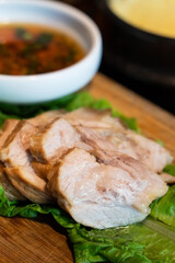 Fresh and delicious iron pan-fried black pork meal in Jeju Korean restaurant.
