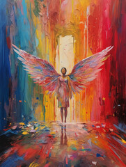 Angel with wings on a colorful space in oil painting style, created with Generative AI technology