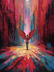 Angel with wings on a colorful space in oil painting style, created with Generative AI technology