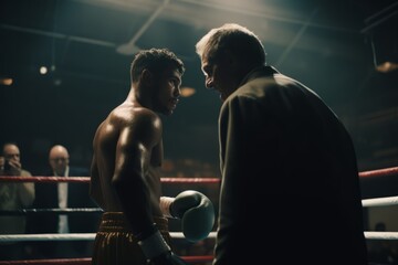 Fototapeta na wymiar A dramatic image showcasing of boxer receiving advice in the corner of the boxing ring between rounds. Generative AI