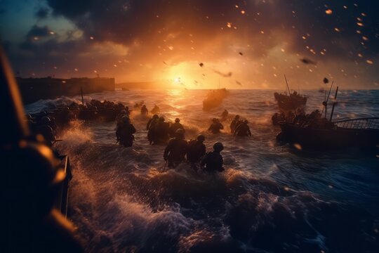 A dynamic impactful image capturing the chaos and bravery of the soldiers storming the beaches of Normandy during the intense D-Day invasion. Generative AI