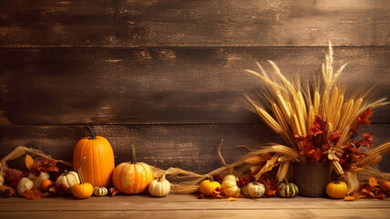 Pumpkins and  fallen leaves background. Autumn harvest on a wood