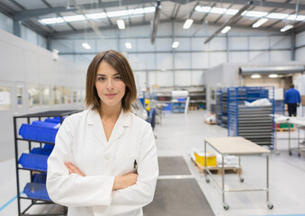 Portrait confident female engineer in steel factory