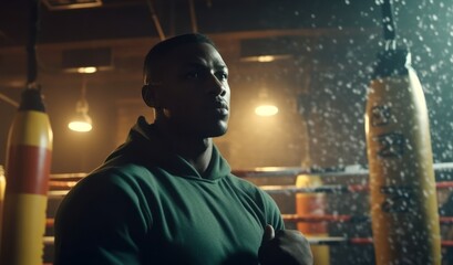 Obraz premium Male training in his gritty neighborhood gym, surrounded by punching bags, weights, and sweaty athletes. Generative AI