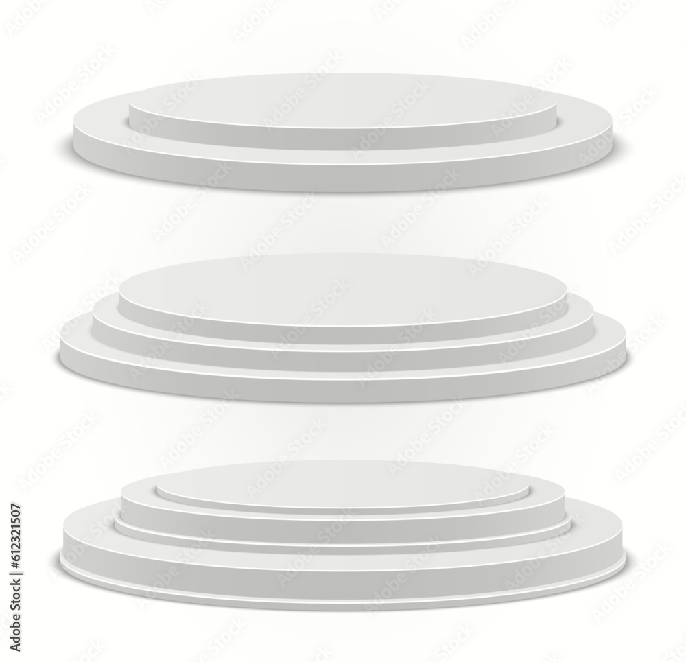 Poster set of circle podiums. vector 3d stage isolated on white background.