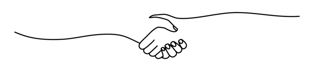 Handshake, agreement, introduction banner hand drawn with single line. Women or men shake hands. Png illustration isolated on transparent background