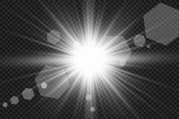 Special lens flash, light effect. The flash flashes rays and searchlight. illust.White glowing light. Beautiful star Light from the rays. The sun is backlit. Bright beautiful star. Sunlight.
