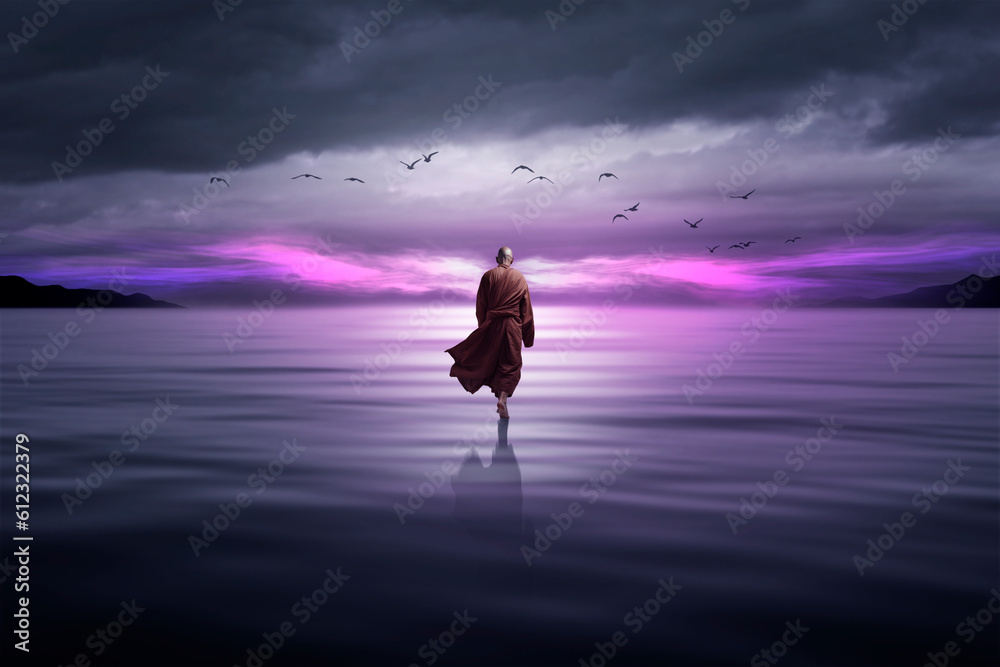 Wall mural buddhist monk looking at the universe. ai generative