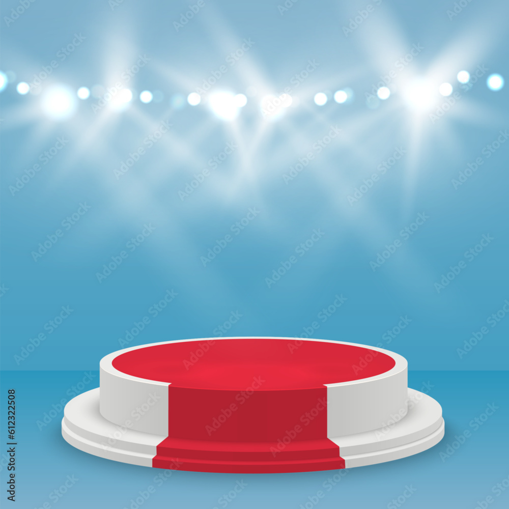 Poster spotlights with stage. light vector effect. round podium and light rays.