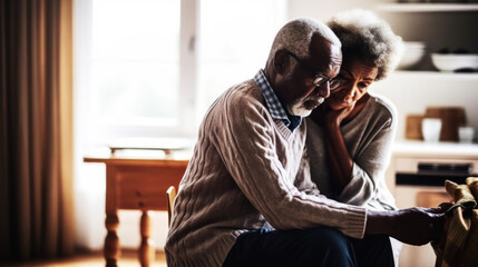 Worried senior african american couple sitting on the floor in the living room. Generative AI.