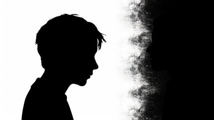Silhouette of a boy and smoke on a white background. Teenagers and life problems.  Generative AI.