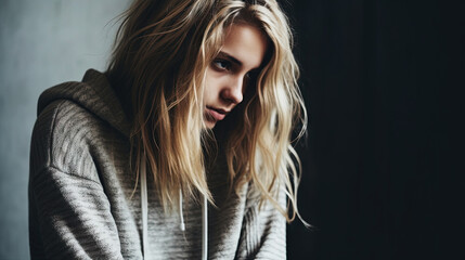 Naklejka premium Portrait of a sad young woman with blonde hair in a gray sweater. Schizophrenic teen. Generative AI.