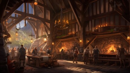 Fototapeta na wymiar Medieval tavern, complete with wooden beams, a crackling fireplace, and patrons enjoying their drinks and meals