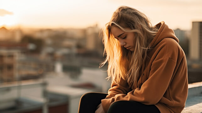 Teen depression, pain and suffering. Beautiful young teenager girl sitting on roof. Generative AI.