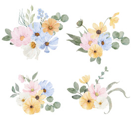 Fototapeta na wymiar Set of watercolor flower bouquets. Yellow, pink, white wildflowers.Illustration for greeting cards, invitations and other.