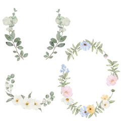 Fototapeta premium Set of watercolor wreaths. Blue, yellow, white, pink flowers.