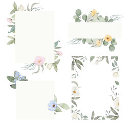 Set of watercolor frames. Blue, yellow, white, pink flowers.