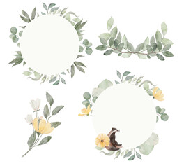 Set of watercolor frames. Blue, yellow, white, pink flowers.