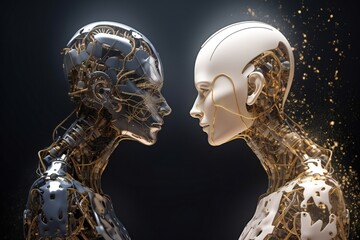 Two cyborgs connecting abstract art Generative AI
