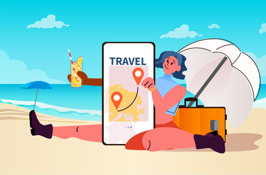 woman tourist using mobile app for planning travel summer vacation holiday time to travel concept horizontal