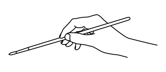 Hand holding a brush hand drawn with thin line. Teaching painting, professional artist, art school student concept. Png clipart isolated on transparent background