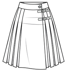 womens kilt skirt flat sketch vector illustration knee length pleated skirt technical cad drawing template - obrazy, fototapety, plakaty