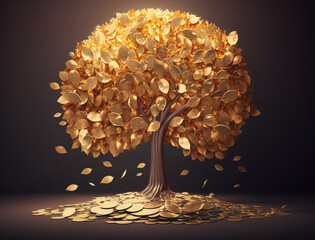 golden gold coin tree has coins on background