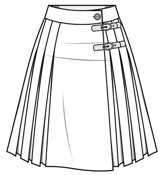 womens kilt skirt flat sketch vector illustration knee length pleated skirt technical cad drawing template