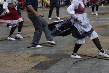Basque folk dancers in a street festival in the old town of Bilbao, capital of Biscay, Basque province of Spain
