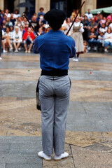 Basque folk dancers in a street festival in the old town of Bilbao, capital of Biscay, Basque province of Spain